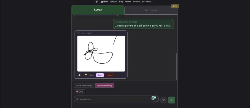 Screenshot of a real human posing as a fake AI and producing a scribble that’s supposed to be a Pit Bull in a party hat.