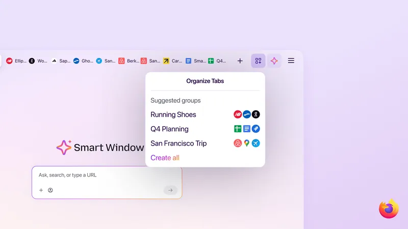 A screenshot of AI tab group suggestions in Firefox’s Smart Window