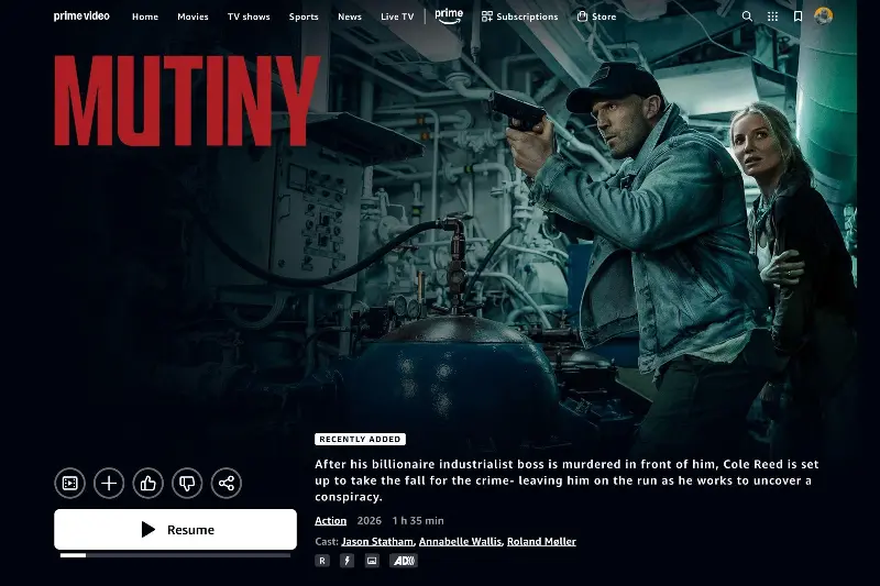 A screenshot showing Mutiny (2026) available to stream on Prime Video USA.