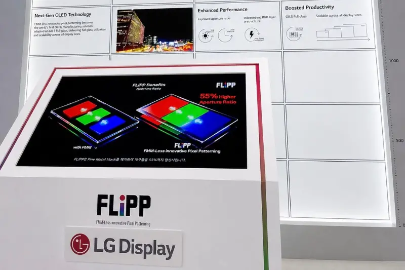 An OLED panel produced using the new FLiPP method, being displayed by LG Display.