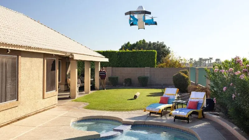 An Amazon drone over a swimming pool