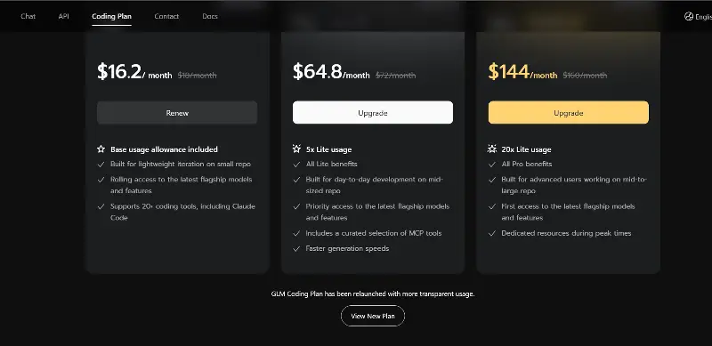 海外版 GLM Coding 会员定价页截图