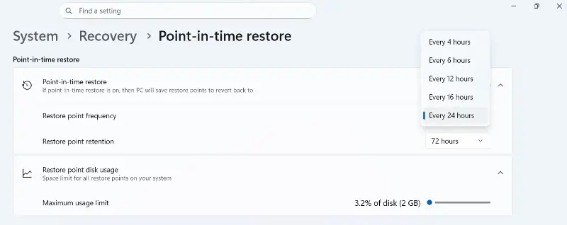 Available restore point frequencies