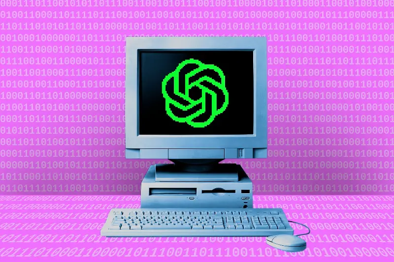 An illustration showing a computer with the OpenAI logo.