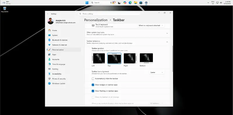 Taskbar positions in Windows 11