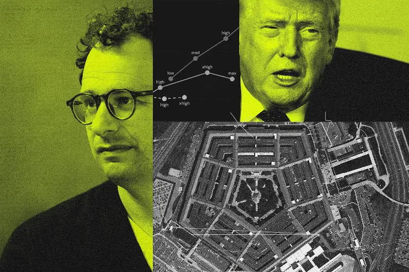 A photo illustration featuring Anthropic CEO Dario Amodei, President Donald Trump, and the Pentagon.