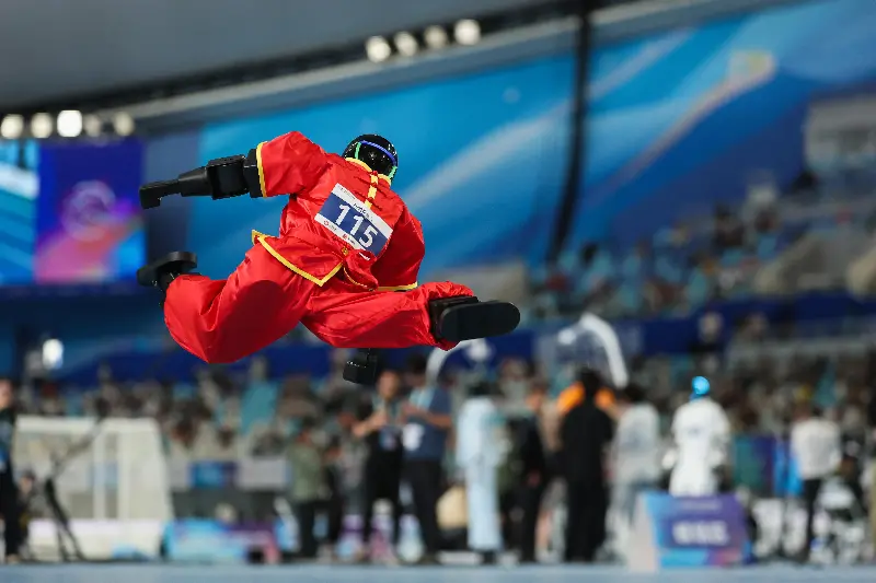 Humanoid robot competes in the optional boxing routine event during the 2nd World Humanoid Robot Games at National Speed Skating Oval on August 26, 2026 in Beijing, China. 