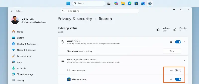 Ability to turn off web searches in Windows 11