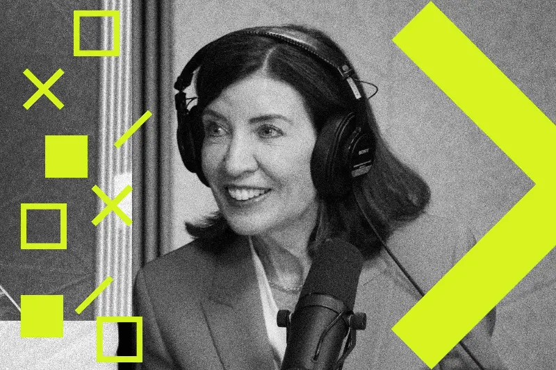 A stylized illustration of New York governor Kathy Hochul in a podcast studio