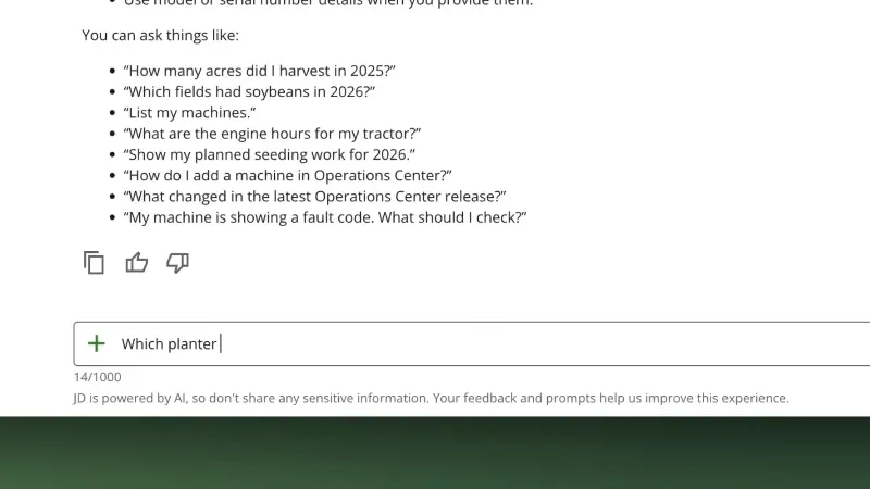 A screenshot of John Deere’s JD AI chatbot interface
