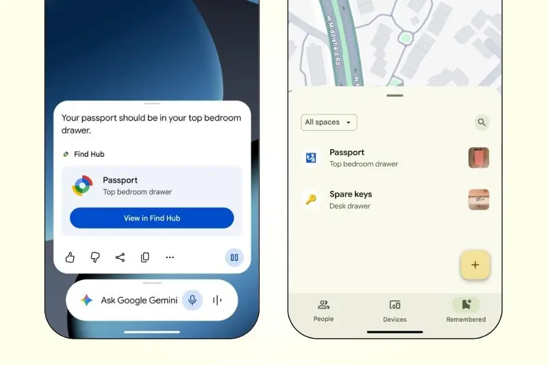 Two screenshots showing new Android Find Hub and Gemini features.