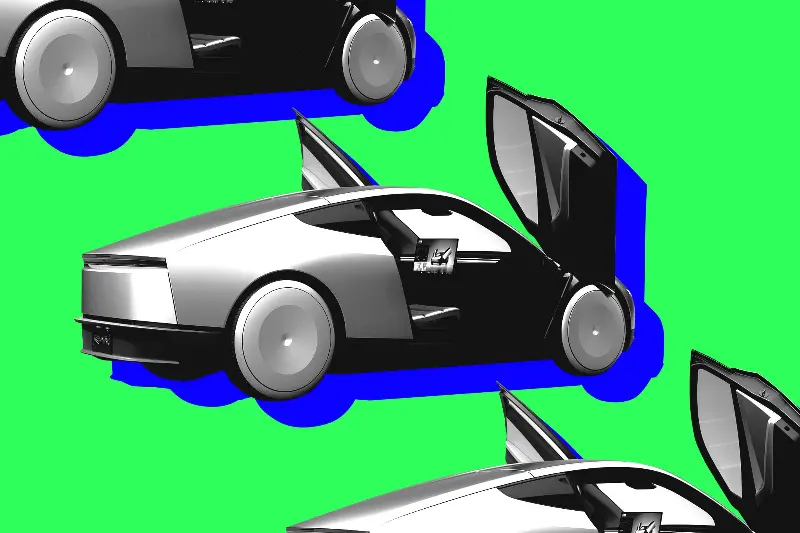 A metal Tesla car with its doors open, swinging upwards, on a green background.
