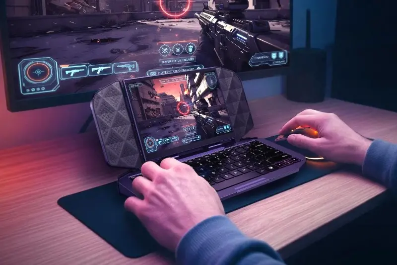 A person plays a game through the Acer Project DualPlay Mini concept connected to a display.