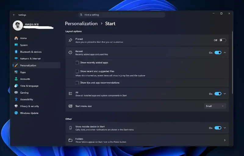 Start menu Personalization settings after the update