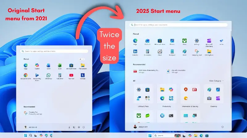 Windows 11 Start menu grew in size considerably in 2025