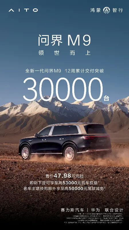 鸿蒙智行全新问界 M9 交付 12 周破 3 万台,成交均价 60 万元