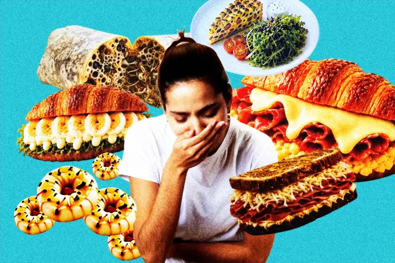 A collage of AI generated food that is disgusting and a person in the center who is disgusted