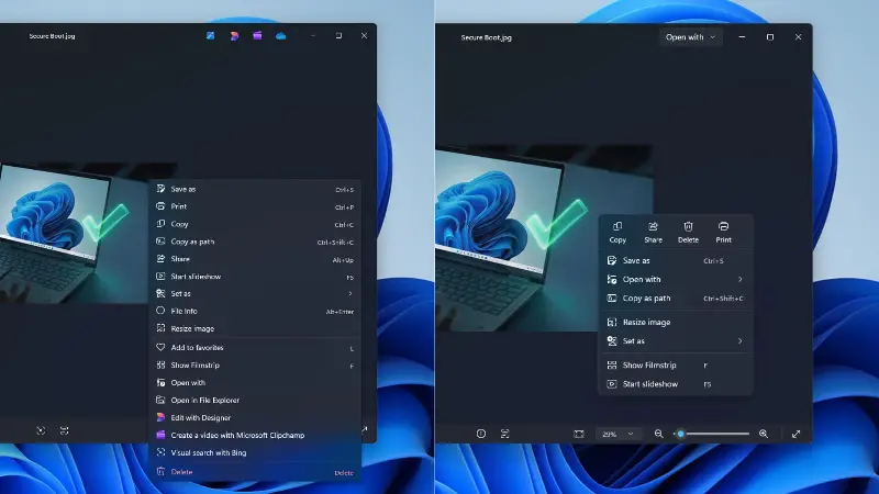 Context menu comparison between old Photos and new Photos