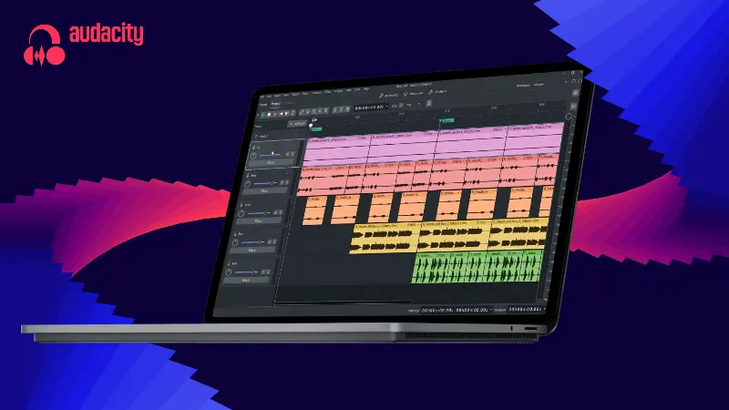 Audacity 4 running on a laptop.