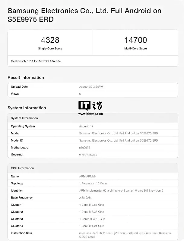三星 Galaxy S27 手机首发:Exynos 2700 芯片跑分曝光,10 核 CPU 设计