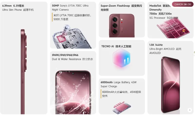 传音 TECNO 发布 Camon Slim 5G 手机：6.39mm 塞入 6000mAh 电池
