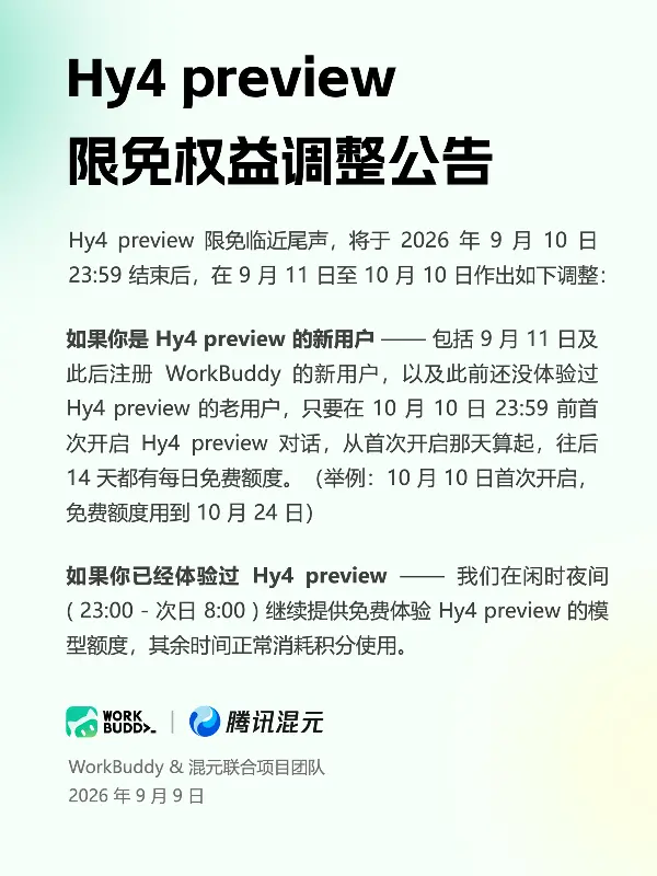 腾讯 WorkBuddy 调整混元 Hy4 preview AI 模型限免权益