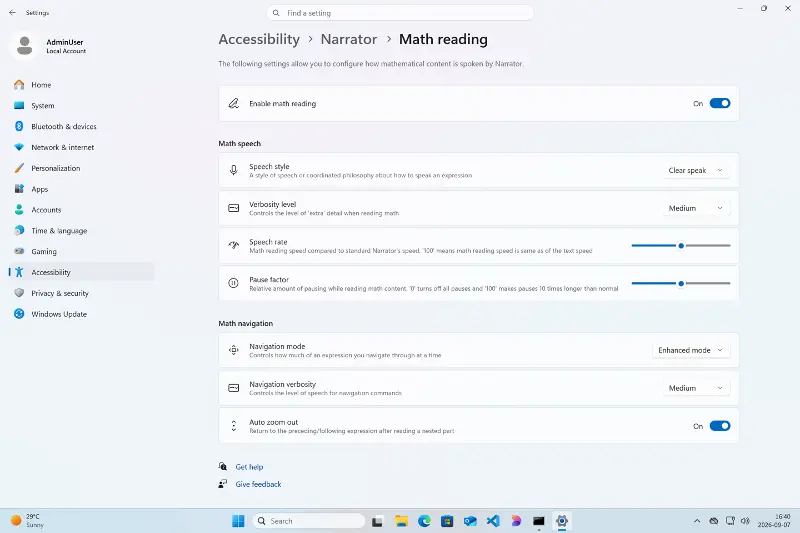 Windows设置中讲述人数学阅读设置页面