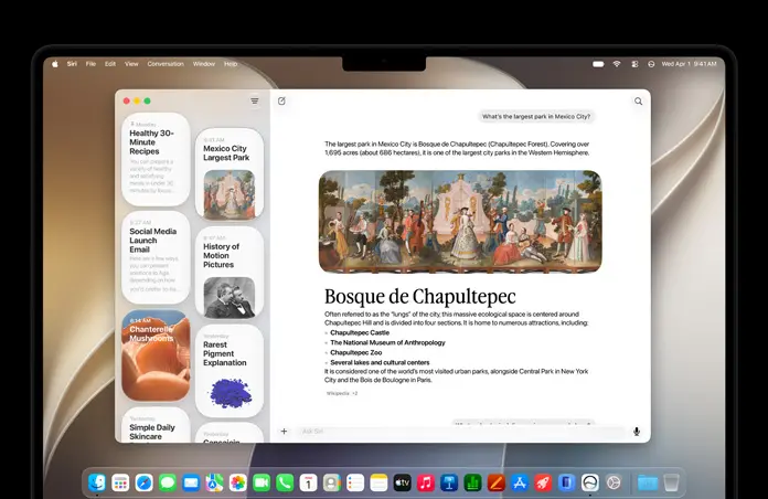 14-inch MacBook Pro in Space Black, screen shows Siri app displaying an active Siri AI conversation and previous conversations in sidebar.