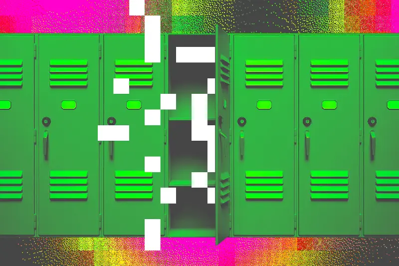 Photo illustration of pixels coming out of a locker.