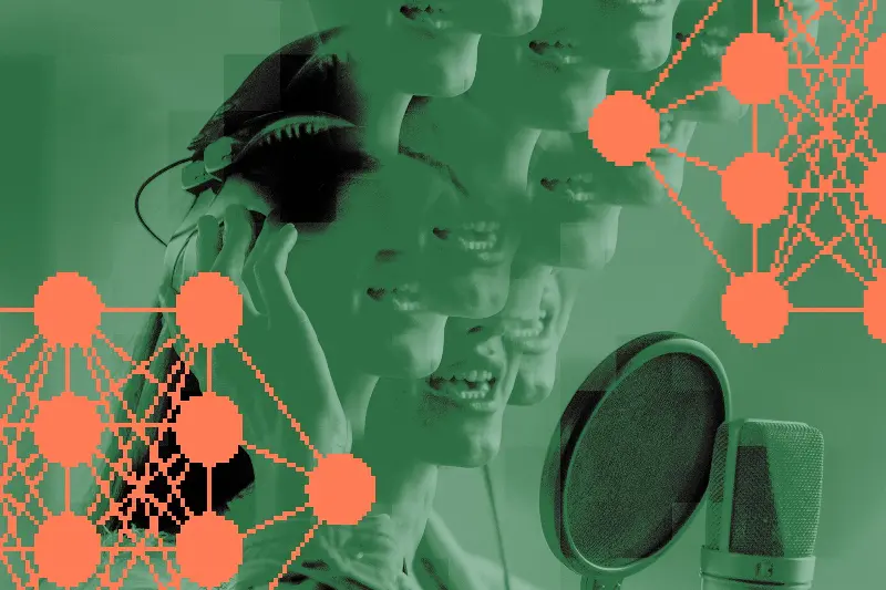 A fractured image of a person speaking into a microphone.