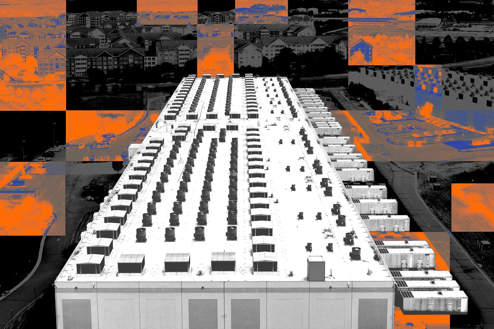 Photo collage of a data center.