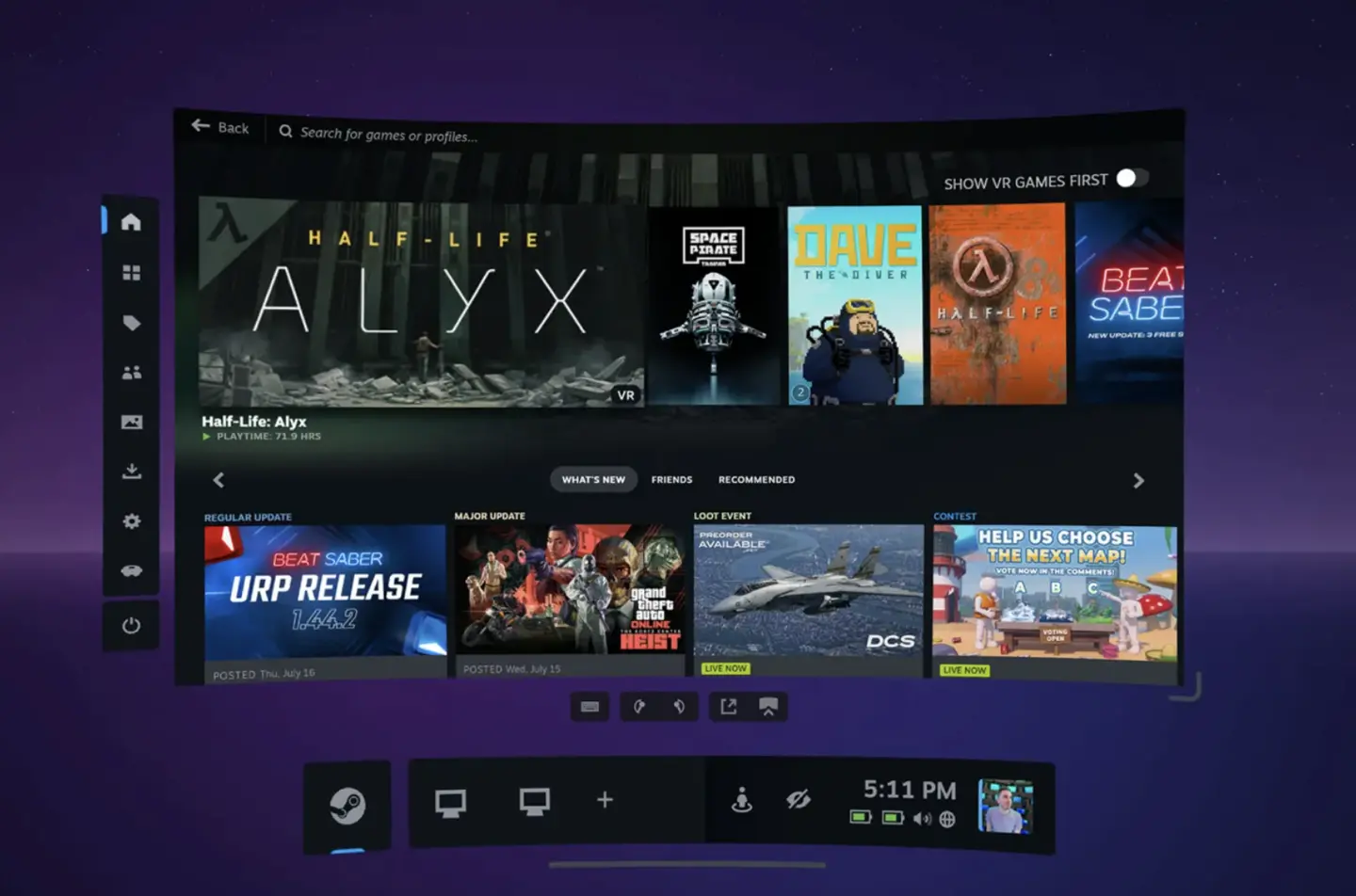 V社为 SteamVR 推送界面更新,引入 Steam Deck 风格 UI