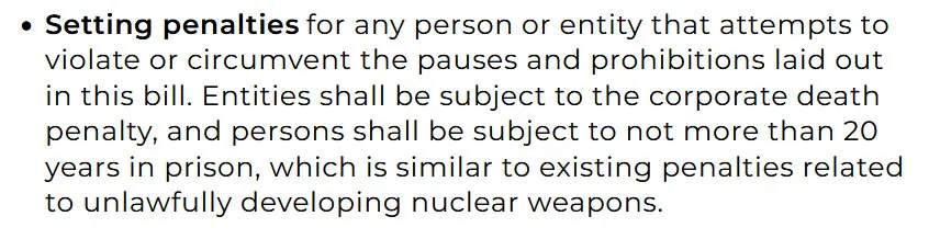 Ban Artificial Superintelligence Act wording on penalties