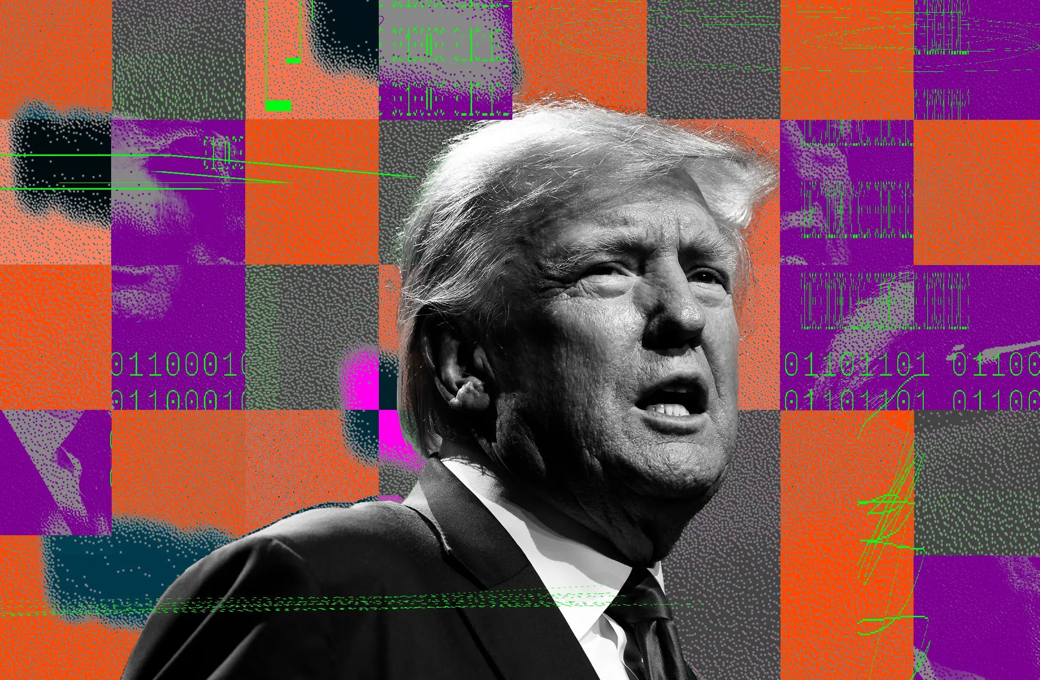 A photo of Donald Trump with an illustrated background.