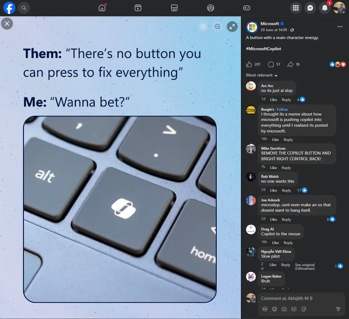 Microsoft's Facebook post hyping Copilot key backfires