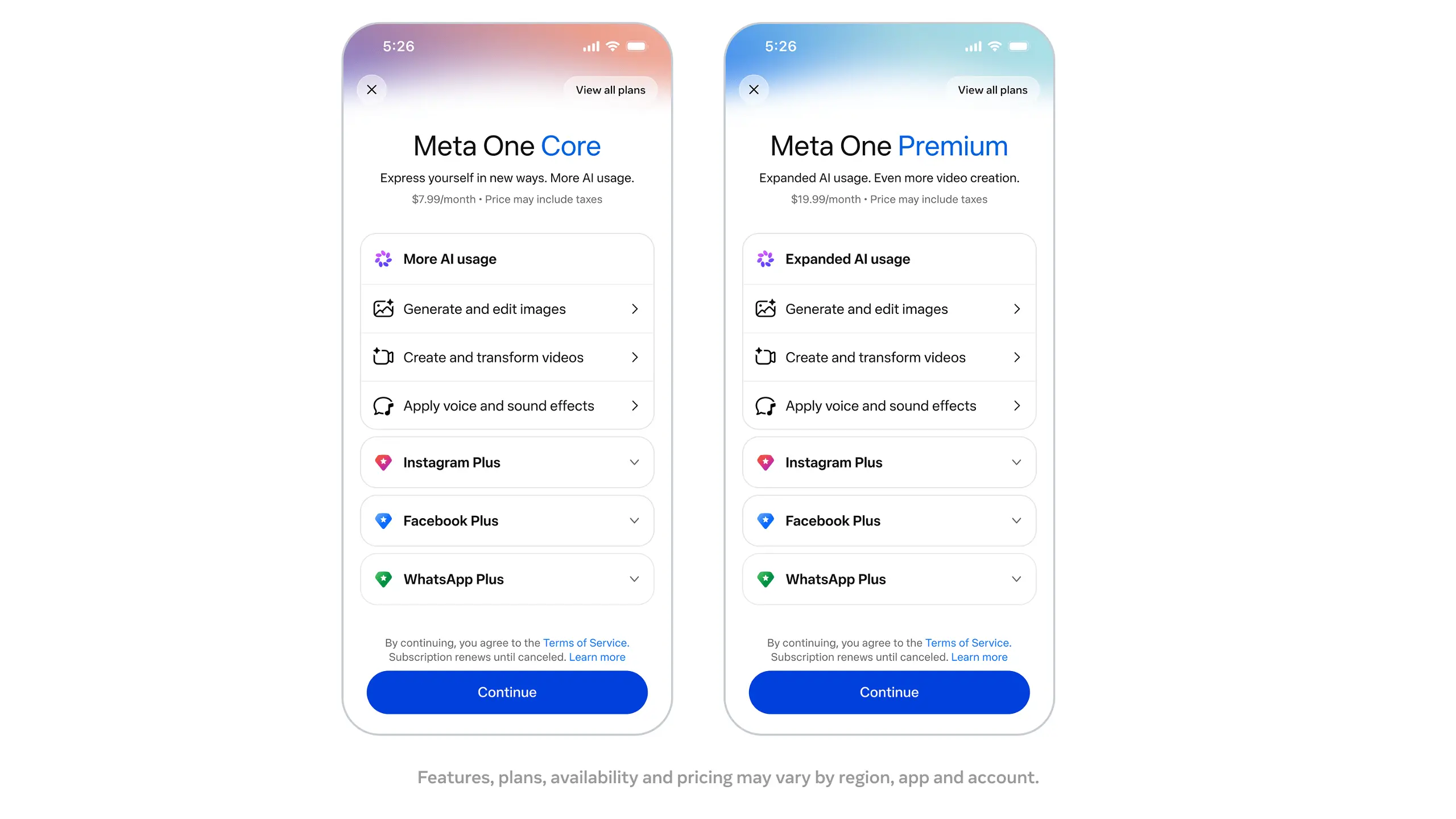 Two visuals showing perks for Meta One Core and Premium plans