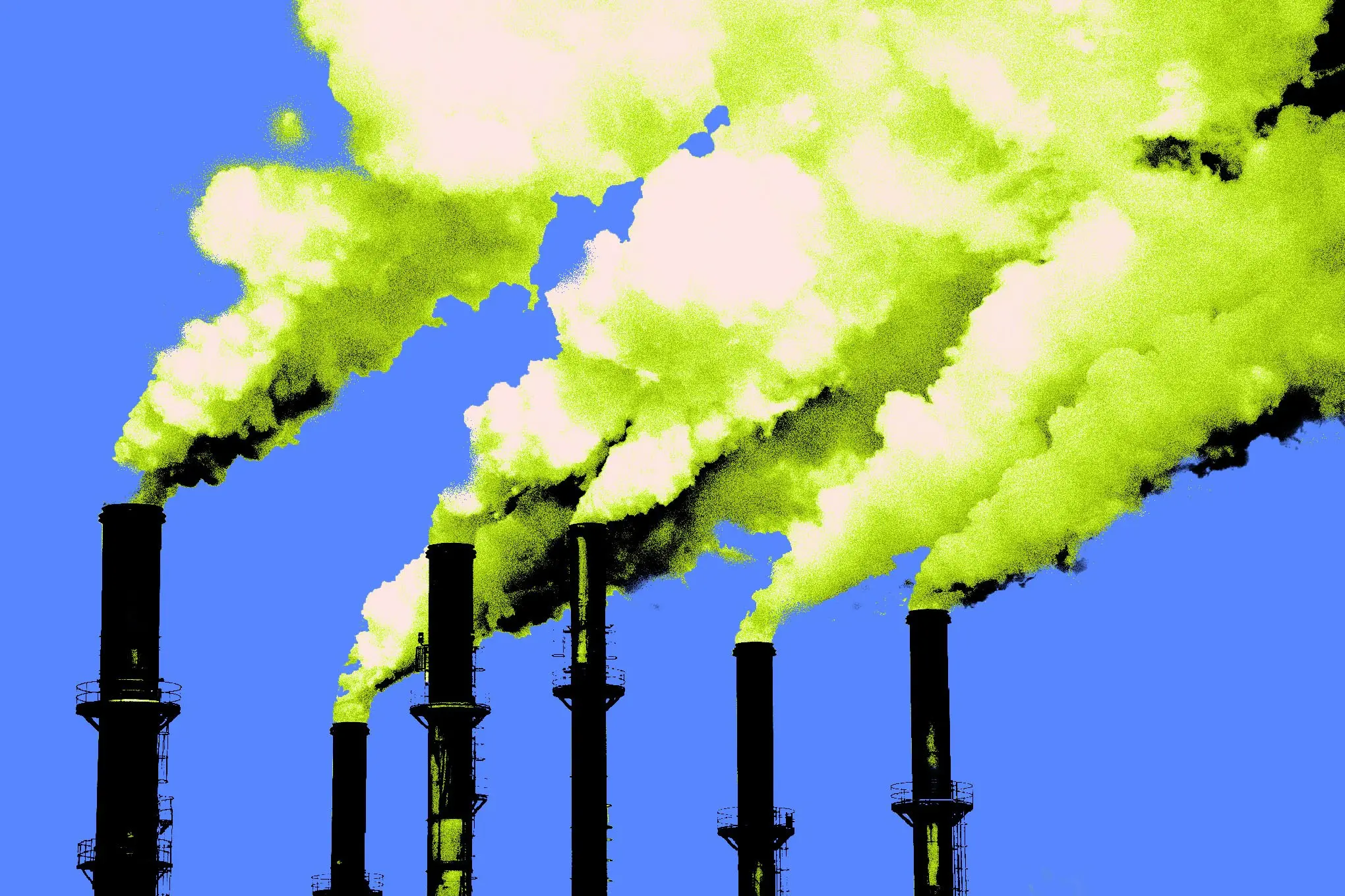 Photo illustration of industrial smokestacks.