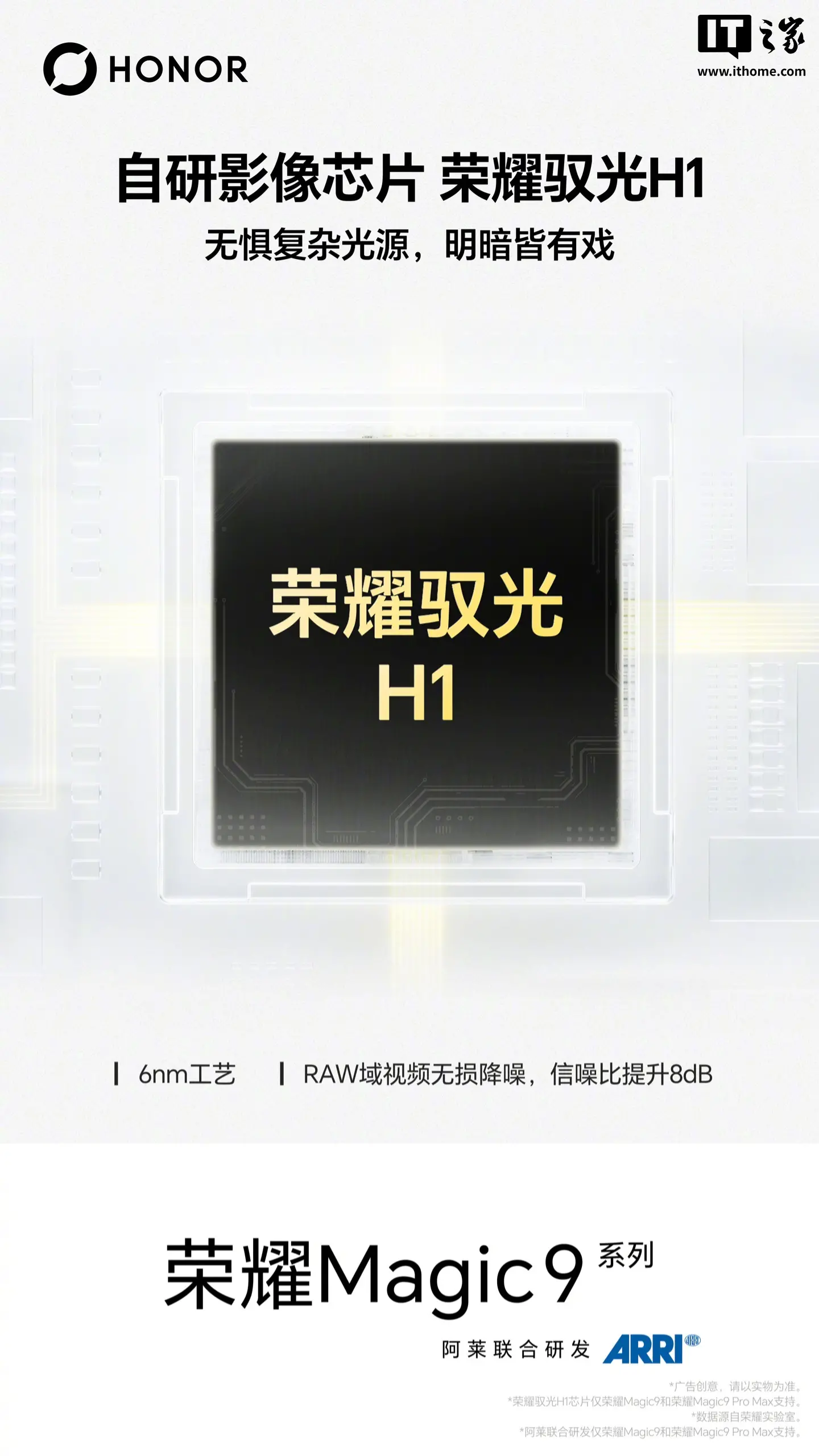 荣耀 Magic9 系列手机官宣搭载自研影像芯片荣耀驭光 H1：RAW 域视频无损降噪、信噪比提升 8dB，6nm 工艺