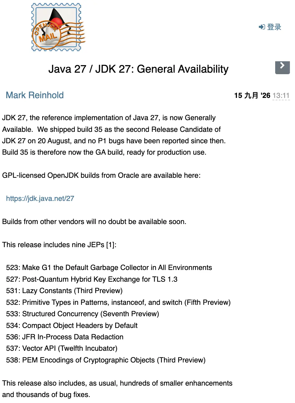 Java 27 正式发布：G1 成为默认垃圾回收器，后量子加密进入 TLS 1.3