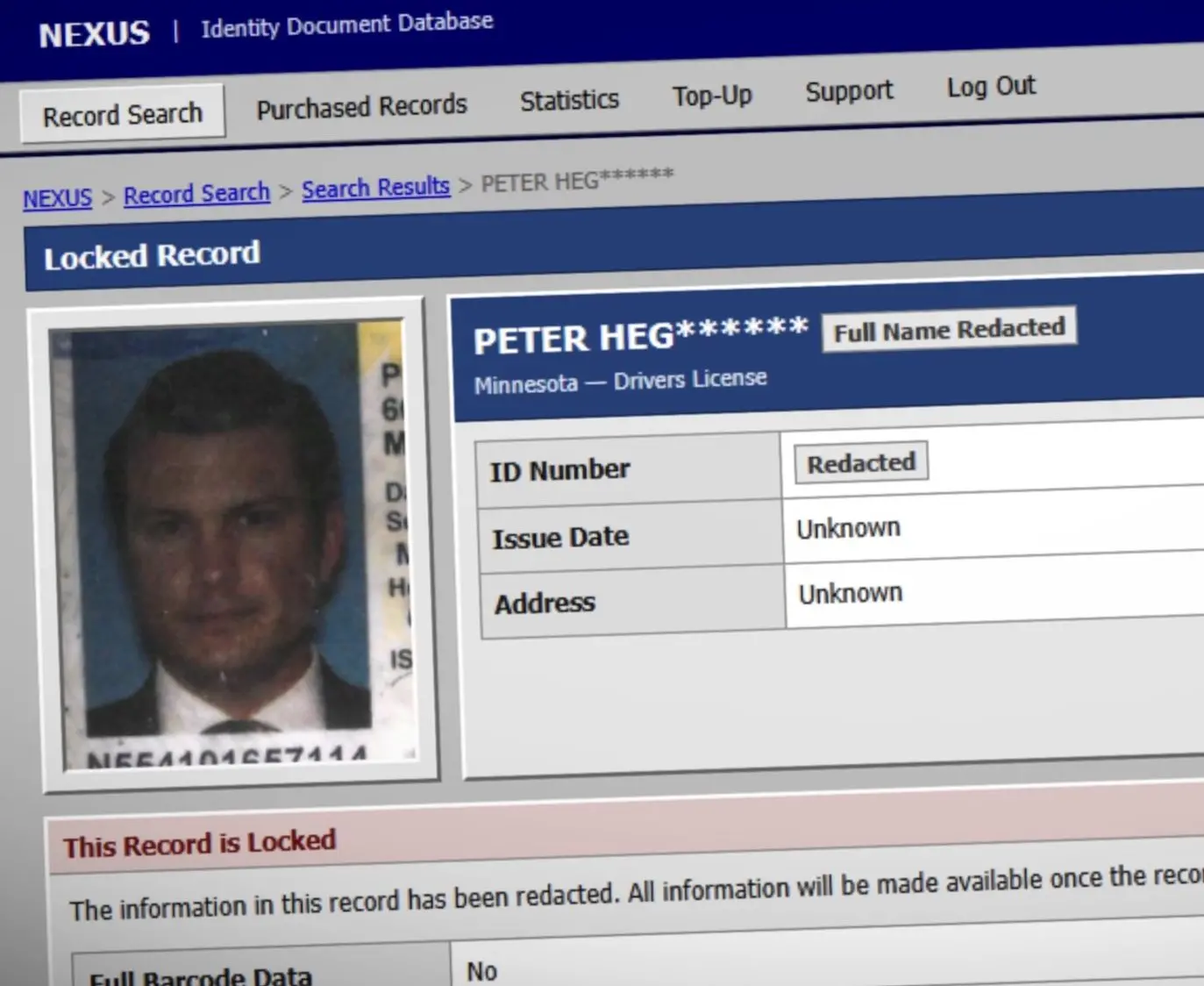 a photo of the driver's license of Pete Hegseth, the DOD secretary, whose photo can be seen here on this identity theft website called Nexus on the dark web