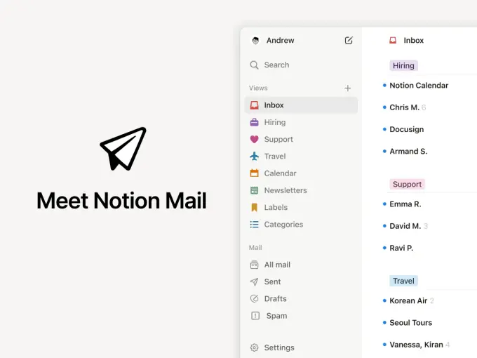 Image of a screengrab of Notion Mail that includes a view of its auto-labeled folder.