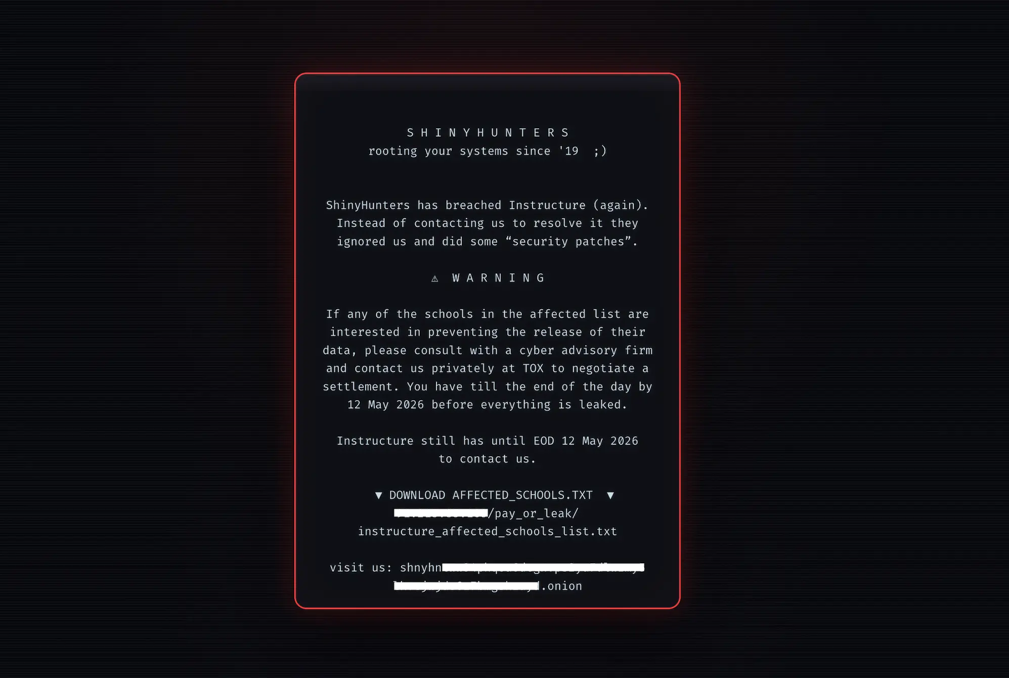 A redacted screenshot of the message ShinyHunters left on the hacked login pages of Instructure's platform Canvas.