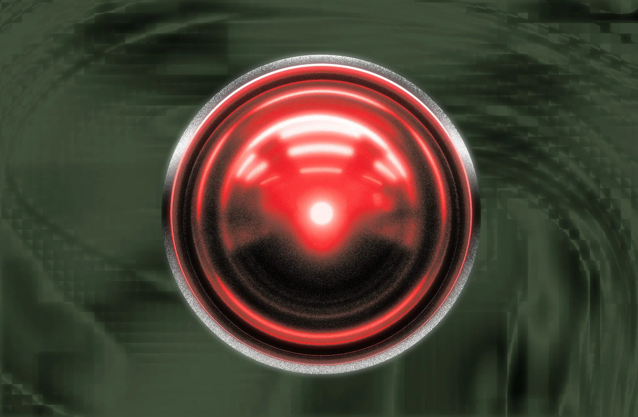 H.A.L.-style glowing red digital eye over a textured digital backdrop.