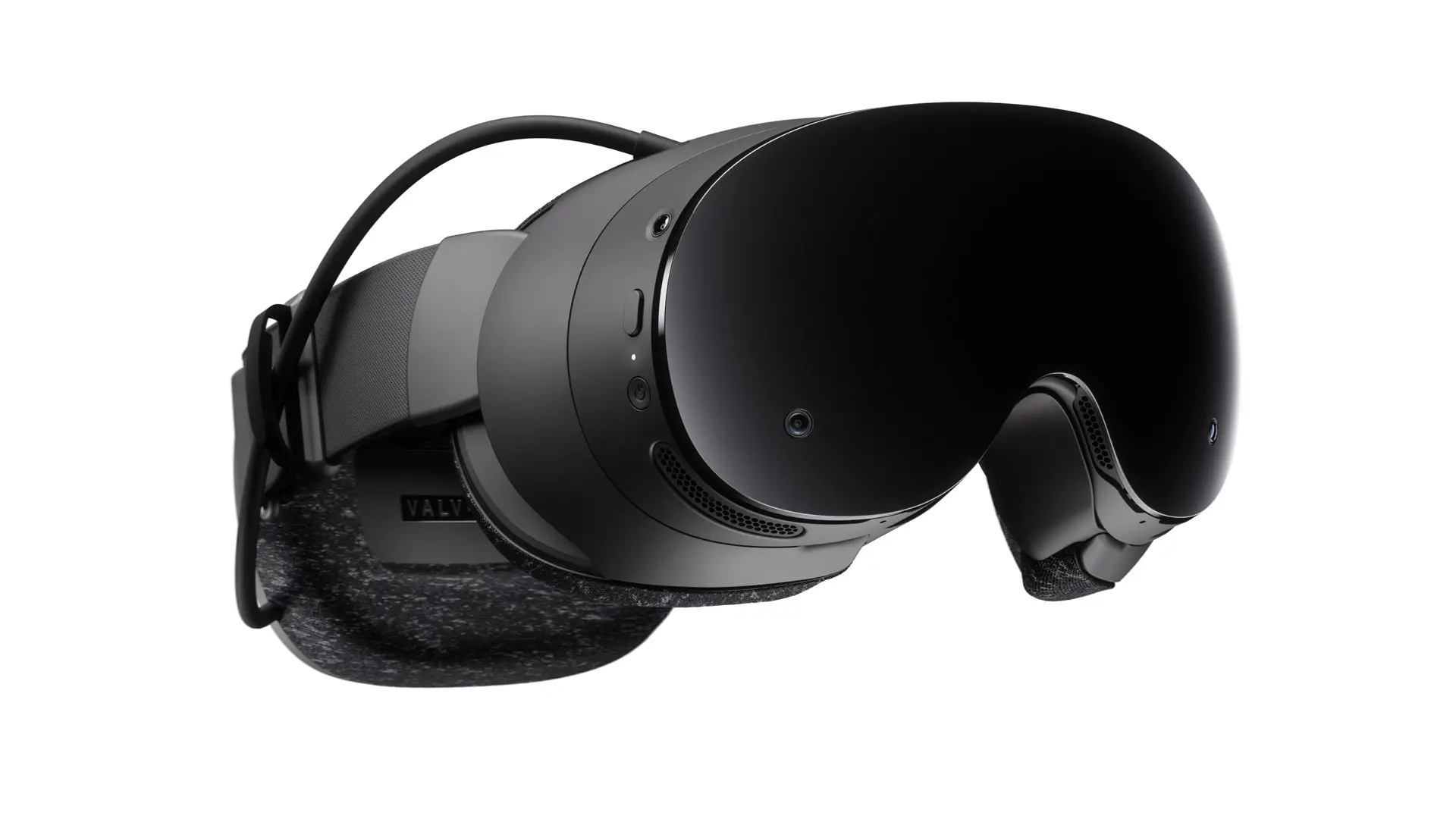 Valve Steam Frame standalone VR headset press render showing the visor, fabric strap and cable routing