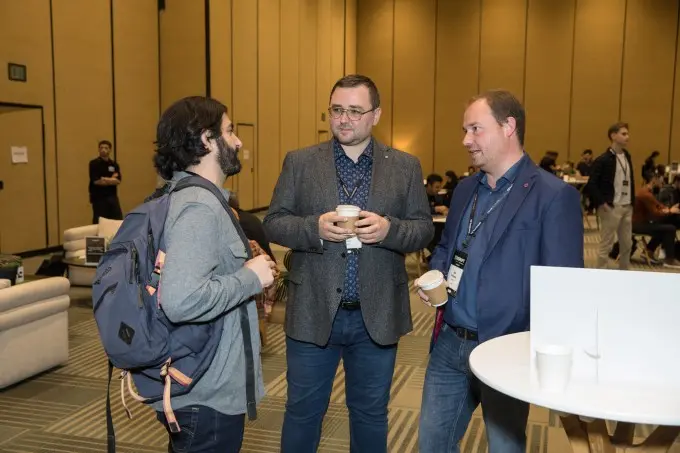 A group of founders networking in the Investor Lounge called the Deal Flow Cafe at TechCrunch Disrupt 2024. Moscone West, San Francisco, California.