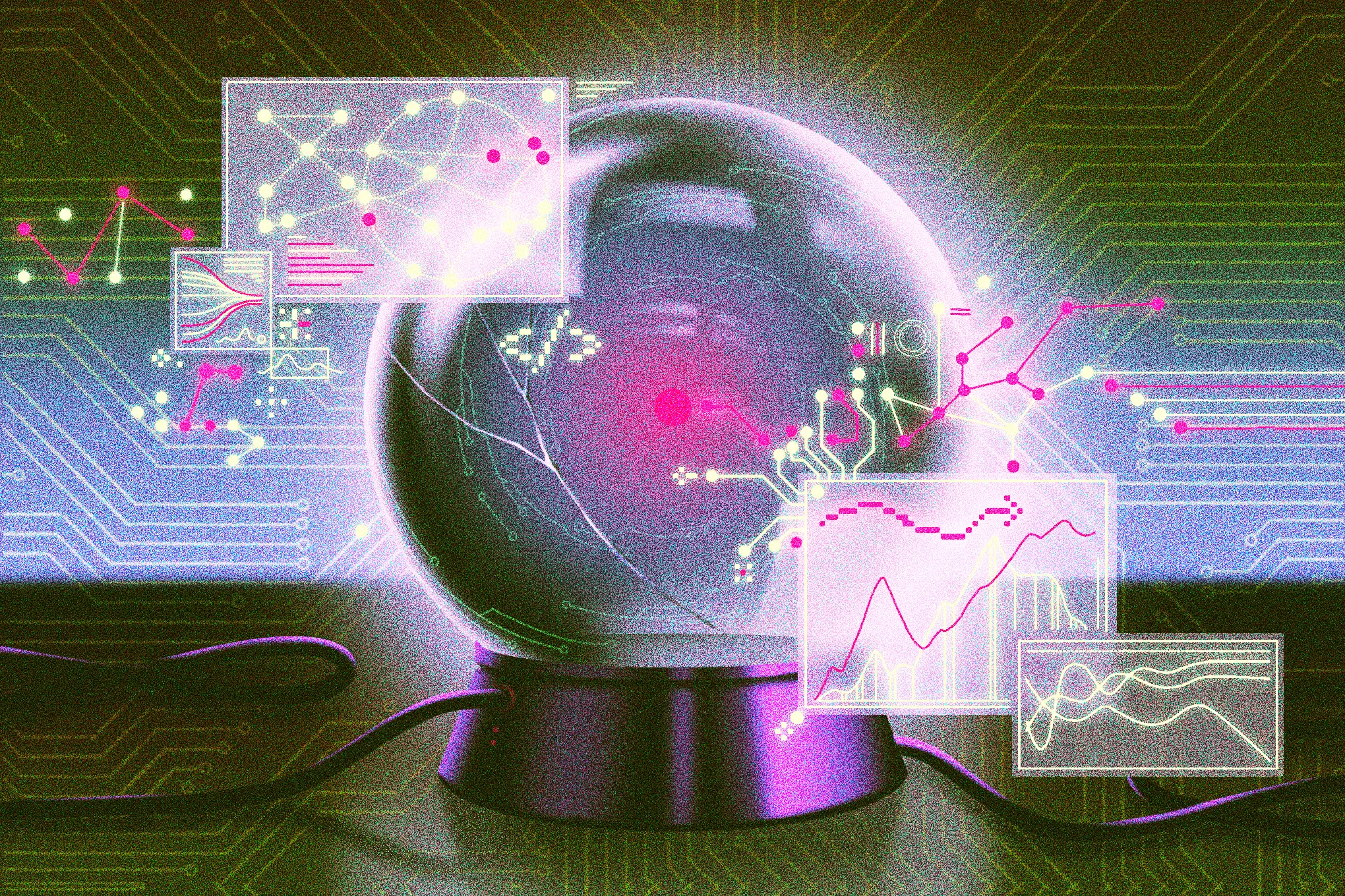 Crystal ball surrounded by graphics evoking statistics, research, and evaluation.
