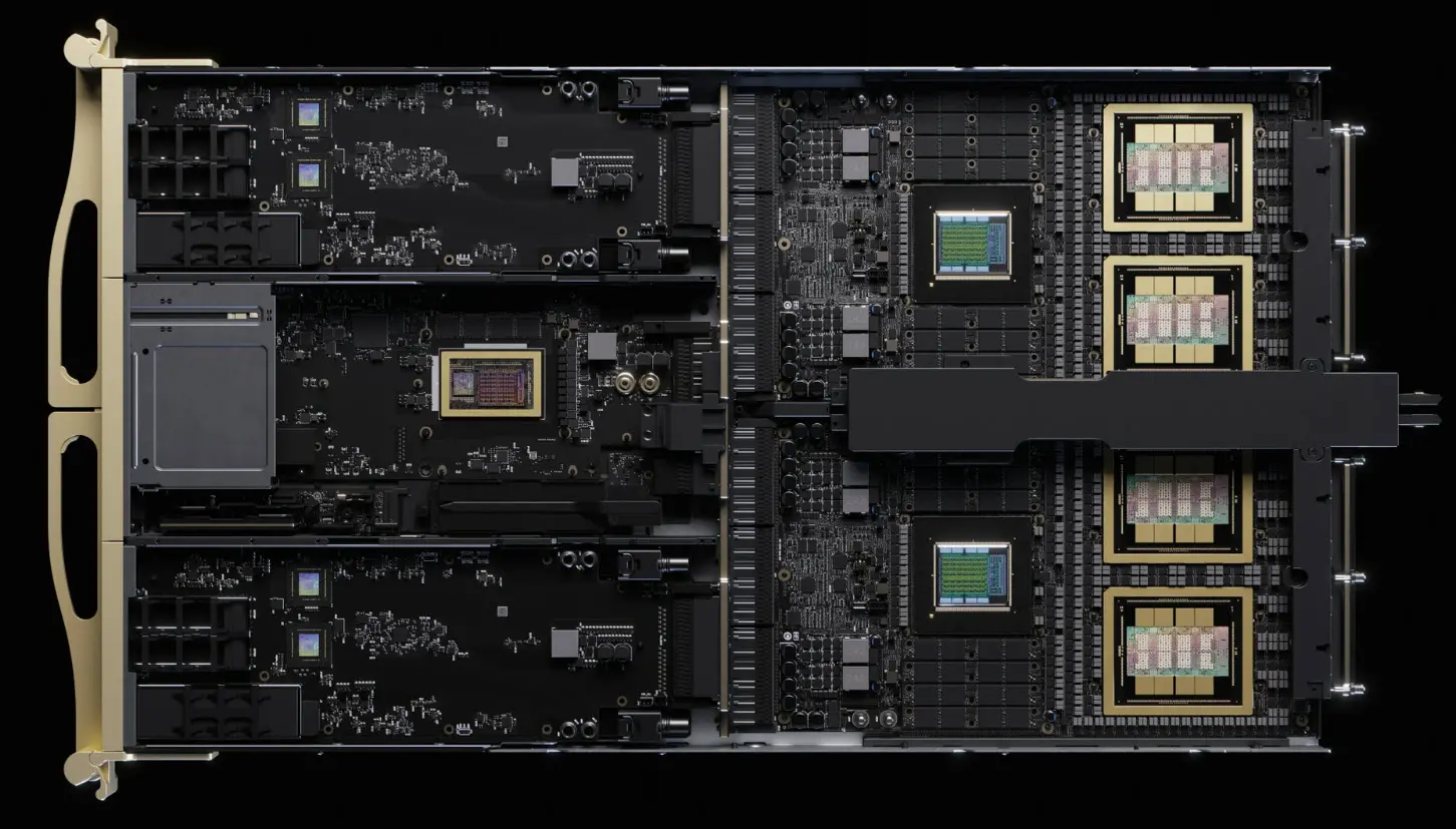 An interior view of the NVIDIA DGX GH200 supercomputer showcasing multiple interconnected GPU modules and circuit boards.