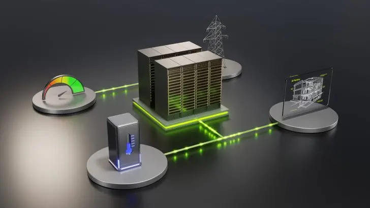 A digital rendering shows an integrated AI factory concept with a central server tower linked to a speed gauge, power supply, and a transparent display labeled 'AI Factory,' depicting a building blueprint.