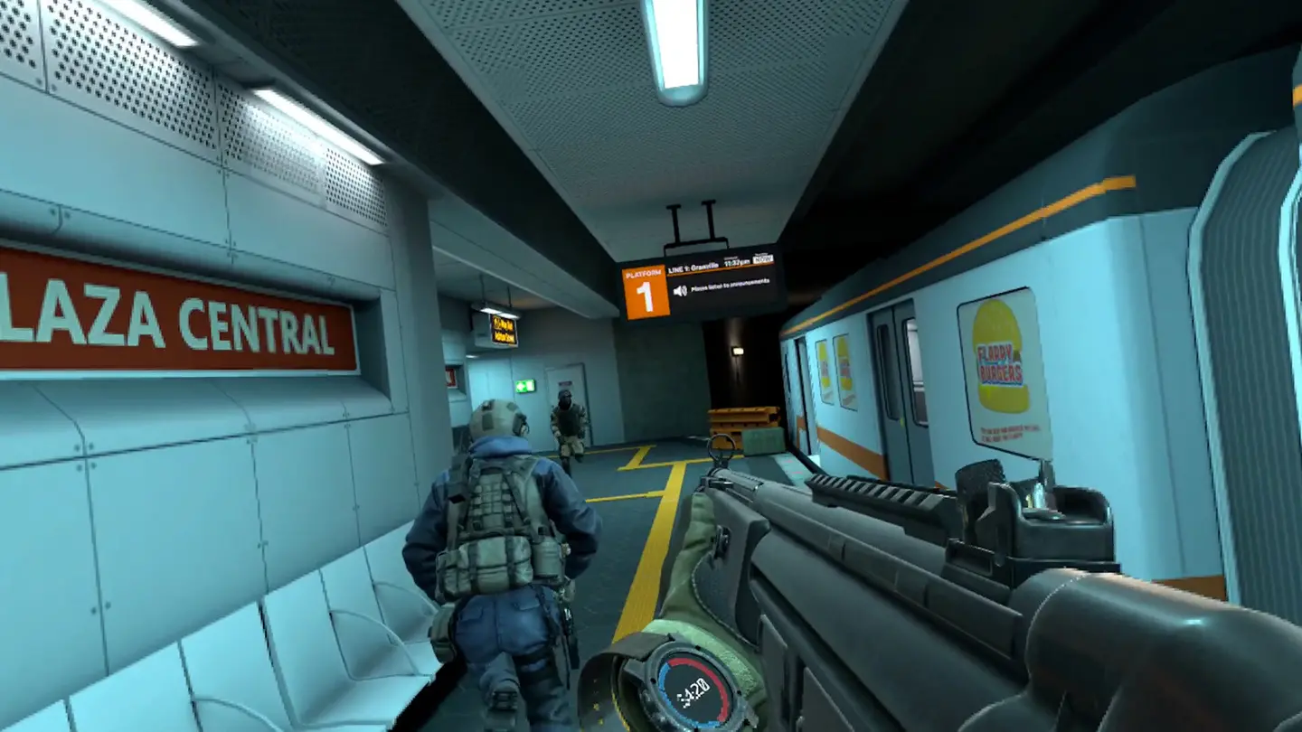 First-person view from Pavlov Shack showing a player holding a rifle on a subway platform with a teammate ahead and a train at the right