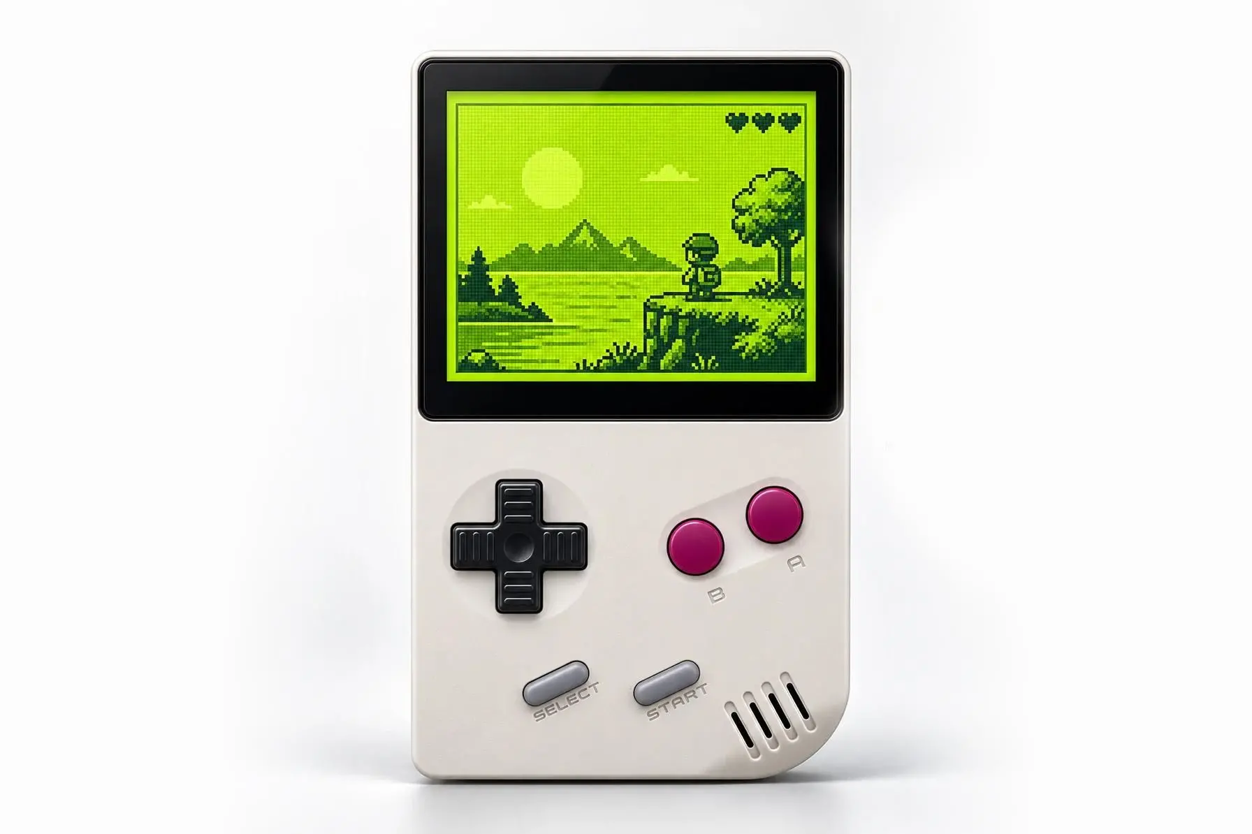 The FunnyPlaying FPGB Mini handheld with a Game Boy game on screen.